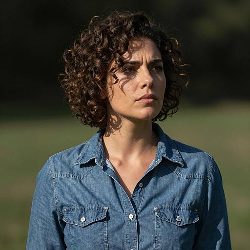 Serious Woman with Curly Hair in Denim Shirt