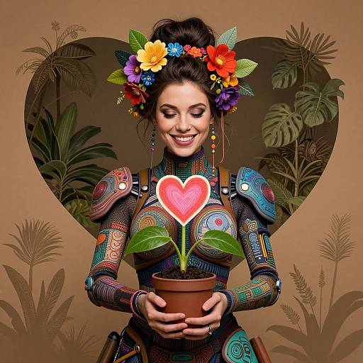 Photograph-style digital art of a smiling woman with colorful floral headpiece, intricate patterned bodysuit, holding a heart-shaped flower pot.