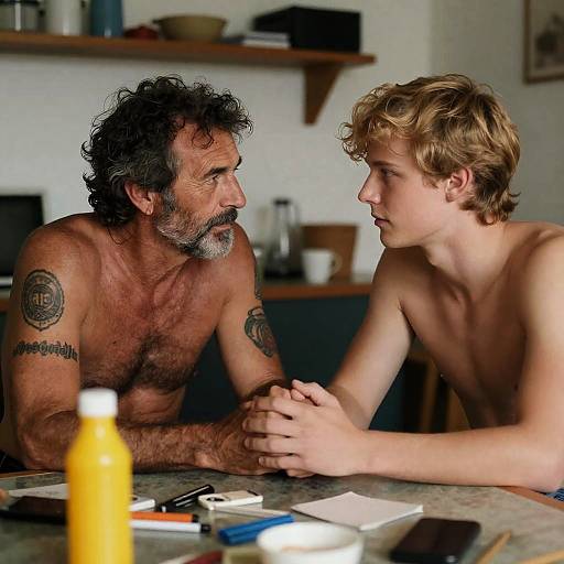 Two Shirtless Men Holding Hands at Cluttered Table