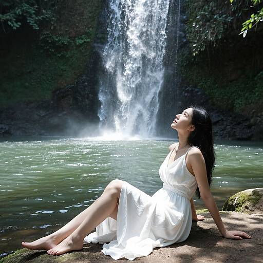 Serene Woman by Waterfall Pool