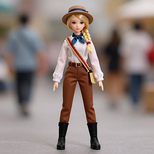 Photograph of a blonde doll in white shirt, brown pants, black boots, blue bowtie, straw hat, and crossbody belt, standing on