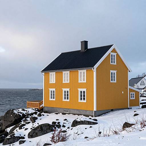 Photograph of a bright yellow, two-story house with black roof, white trim, and snow-covered rocky shore, overlooking a calm ocean under a cloudy