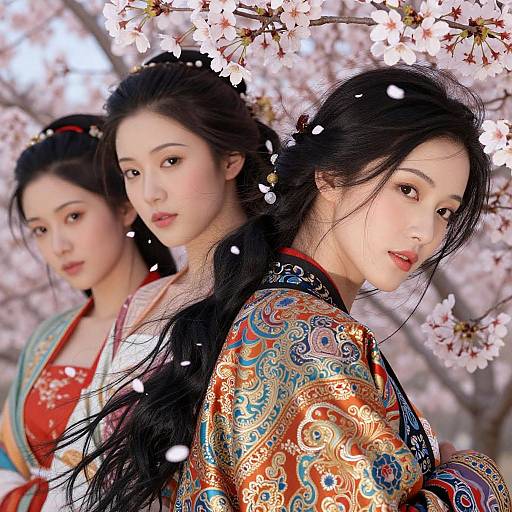 Photograph of three Asian women with long black hair, wearing traditional colorful kimonos, standing under blooming cherry blossoms. Petals falling,