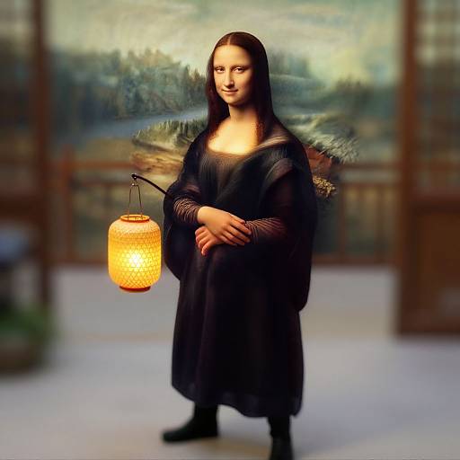Digital artwork of the Mona Lisa holding a glowing lantern, wearing a black medieval-style dress, standing in a softly lit room.