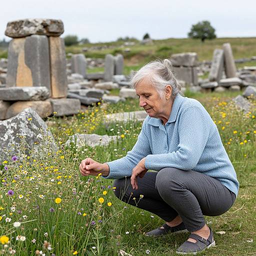 Photograph of an elderly woman with white hair, blue sweater, and black pants, crouching to examine wildflowers in a grassy, ancient