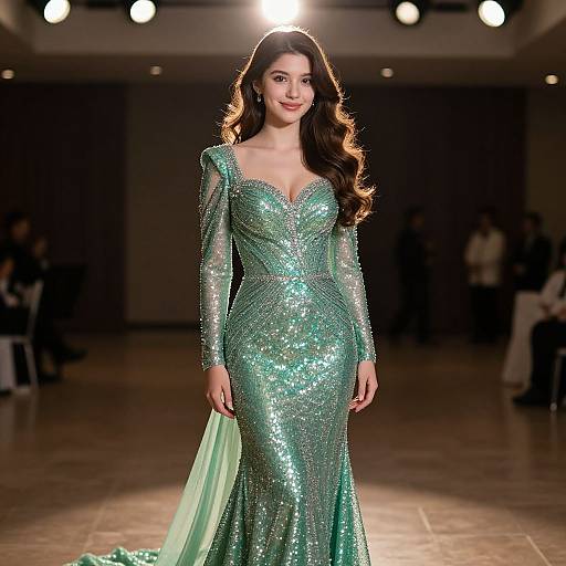 Photograph of a smiling woman with long, wavy brown hair, wearing a shimmering, long-sleeve, emerald green sequined gown