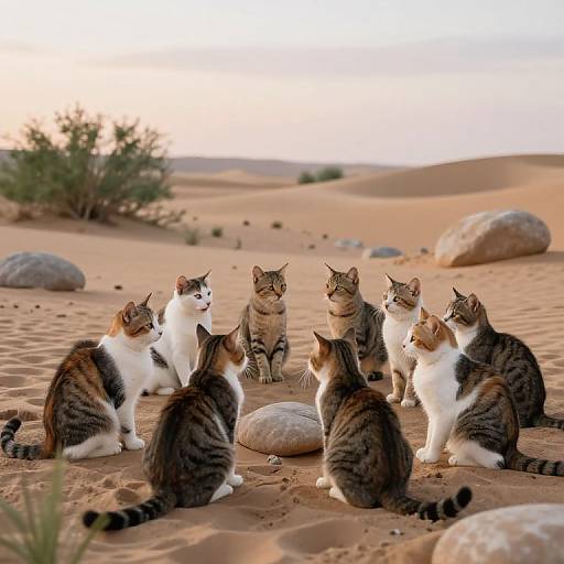 Photograph of seven cats with various tabby and tortoiseshell patterns, sitting in a desert landscape with sand dunes, rocks, and sparse