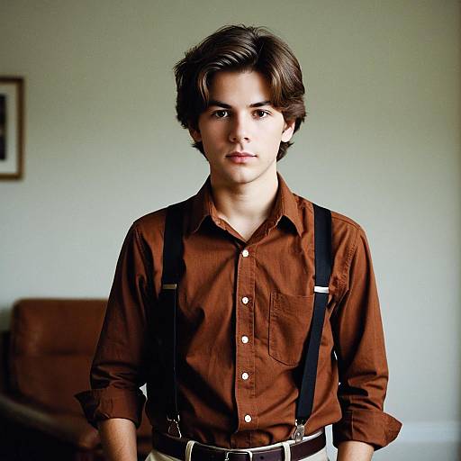 Young Man in Brown Shirt with Suspenders Indoors