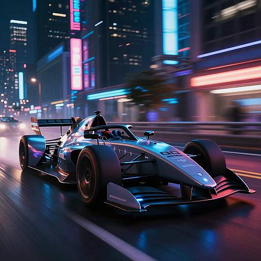 Photorealistic CGI of a sleek, neon-lit, high-speed Formula 1 car racing through a vibrant, futuristic city street at night.