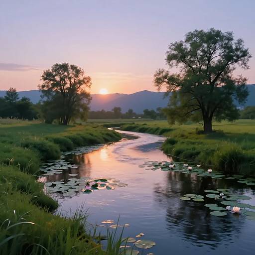 Photograph of serene sunset over a reflective river with lily pads, surrounded by grassy banks and two trees, against a blue-purple sky.