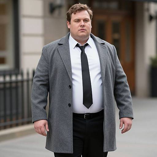Photograph of a heavyset man with short brown hair, wearing a gray wool coat, white shirt, black tie, and black pants, standing on