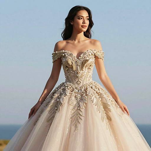 Photograph of a beautiful woman with long dark hair in an off-shoulder, intricately beaded, white ball gown, standing against a clear