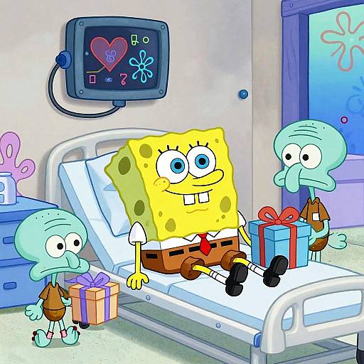 Cartoon image of SpongeBob SquarePants in a hospital bed with Sandy and Patrick holding gifts, heart monitor above, colorful and cheerful.