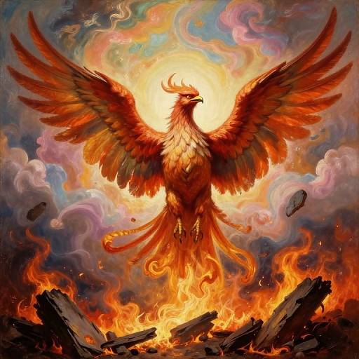 Digital painting of a fiery, majestic phoenix with outstretched wings, surrounded by swirling clouds and blazing flames, emerging from burning debris.