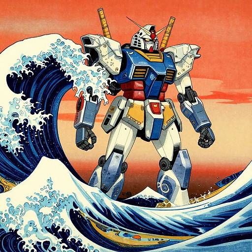 Digital illustration of a blue, white, and red mecha robot with two yellow antennae standing in massive ocean waves under a red sky. Inspired by