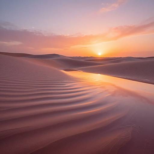 Photograph of a serene desert sunset, with rippled sand dunes reflecting vibrant orange and pink hues from the setting sun.