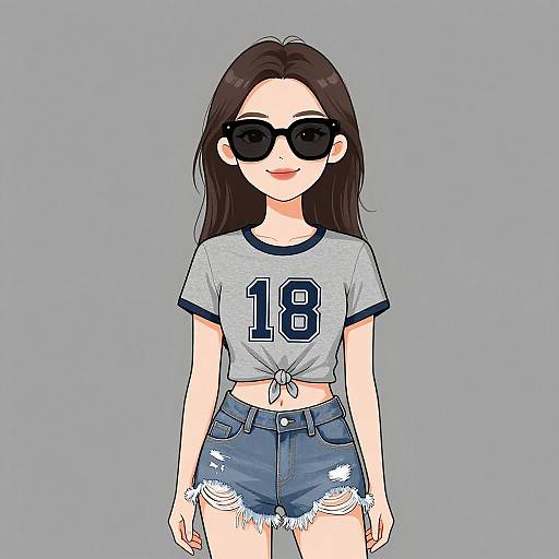 Digital anime-style drawing of a young woman with long dark hair, black sunglasses, gray 
