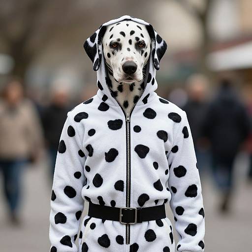 Photograph of a Dalmatian wearing a white, black-spotted hoodie with a zipper and black belt, standing in a blurred urban street.