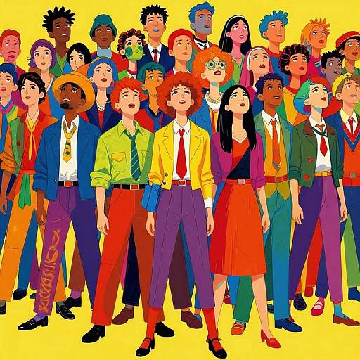Colorful cartoon group of diverse adults, wearing 1980s-style clothes, standing closely together on bright yellow background, various expressions and outfits.