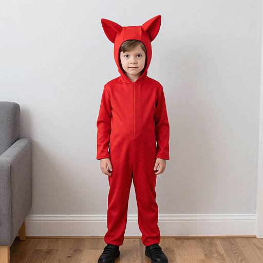 Photograph of a young boy in a bright red fox costume with ear hood, standing against a white wall, next to a gray couch on wooden floor
