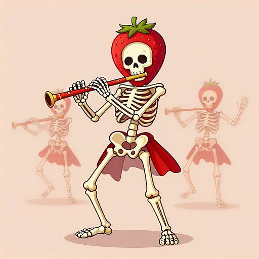 Cartoon skeleton with strawberry for a head, playing red trumpet, wearing red cape, standing in front of two blurry skeletons.