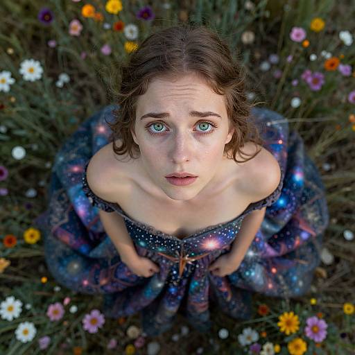 Photograph of a wide-eyed, fair-skinned woman with brown hair, wearing a galaxy-patterned, off-shoulder dress, kneeling in a