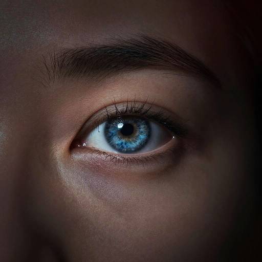 Close-up photograph of a striking blue eye with a detailed iris, thick dark eyebrow, and light skin, set against a dark background.