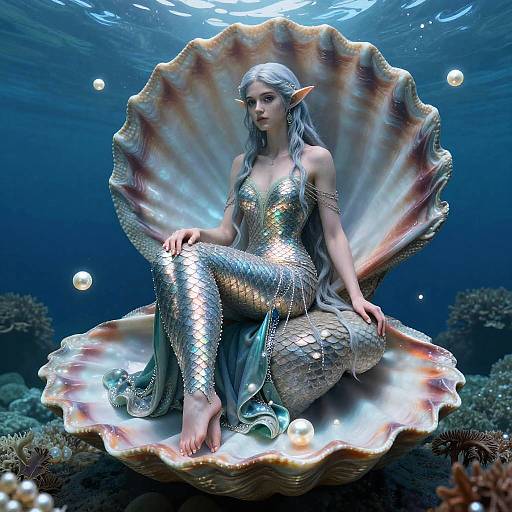 Digital artwork of a silver-haired mermaid with pointed ears, wearing a shimmering, scale-patterned outfit, seated on a large, glowing scallop