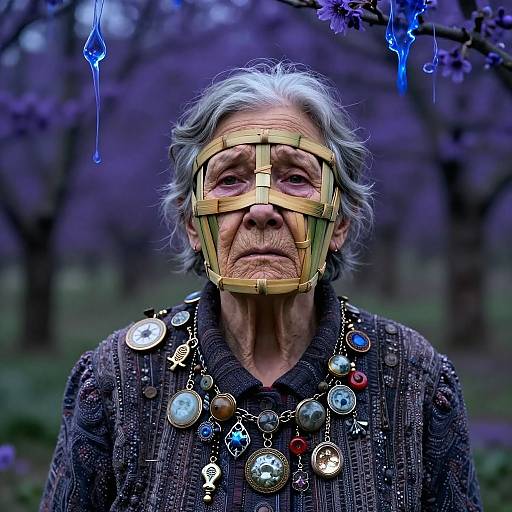 Photograph of an elderly woman with gray hair wearing a wooden mask, adorned with large circular jewelry, in a purple-hued forest. Blue droplets