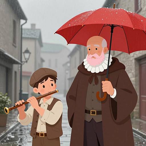 Whimsical Rainy Street Encounter Illustration