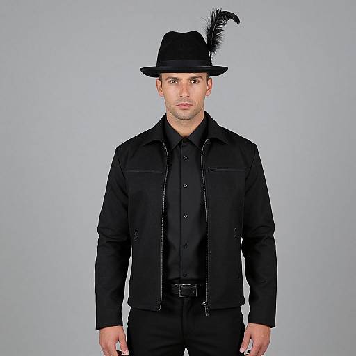 Photograph of a fair-skinned, blue-eyed man in black jacket, shirt, and fedora with a black feather, standing against a plain gray