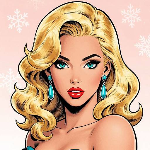 Comic-style illustration of a blonde woman with blue eyes, red lips, and turquoise teardrop earrings, against a sparkly pink background.