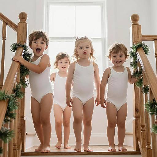 Four Children in White Onesies on Staircase