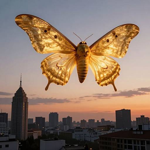 Glowing golden moth with intricate wings silhouetted against a sunset cityscape, featuring a tall skyscraper on the left.