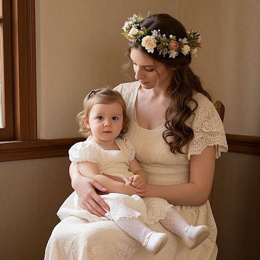 Photograph of a brunette woman wearing a white lace dress and floral crown, sitting with a young girl in a matching white outfit, in a warmly lit