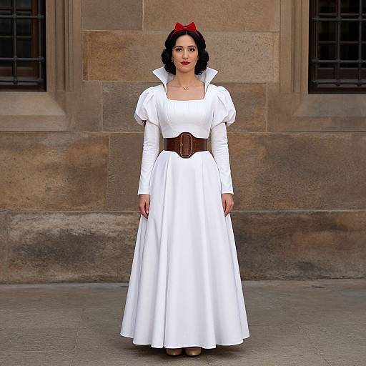 Photograph of a woman dressed as Snow White, wearing a white long-sleeve dress with puffed sleeves, brown corset, red bow in