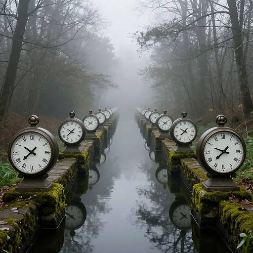 Photograph of a misty forest featuring a symmetrical row of vintage clocks with white faces and black hands, mounted on moss-covered stone pillars, reflected