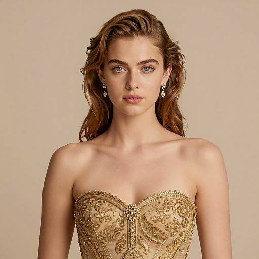Young Woman in Ornate Gold Strapless Gown