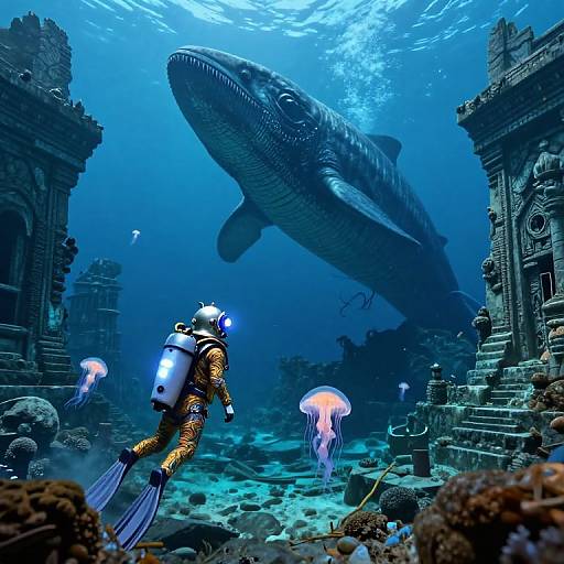 Photograph: Scuba diver in orange suit with blue lights, flippers, and oxygen tank, swims underwater among jellyfish and ancient temple ruins,