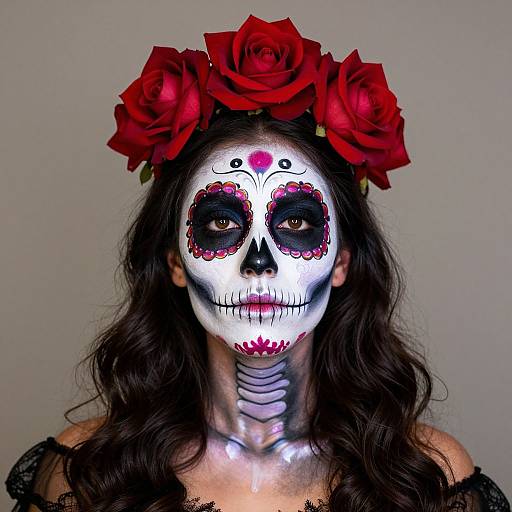 Photograph of woman with white face paint, black eye sockets, red accents, and red roses in hair, against plain gray background.