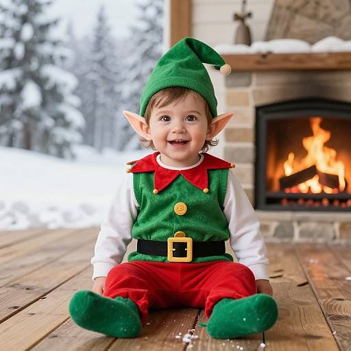 Photograph of a smiling baby elf with green hat, red and green outfit, and pointed ears, sitting by a cozy fireplace in a snowy, wooden