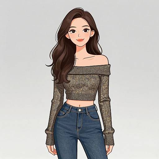 Digital illustration of a smiling Asian woman with long black hair, wearing an off-shoulder gray sweater and blue jeans, standing against a white background.