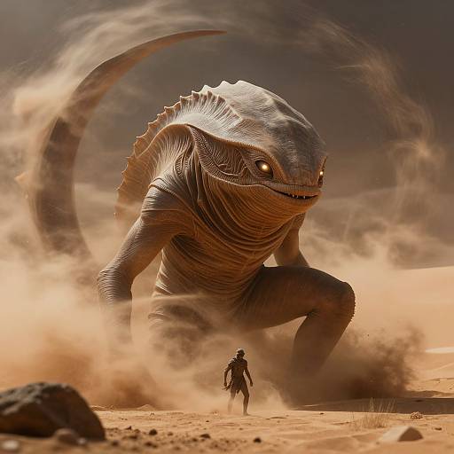 Photorealistic CGI: Giant, menacing, scaly creature with sharp teeth and large tail looms over tiny, armed figure in dusty, desert landscape