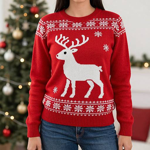 Photograph of an Asian woman wearing a red Christmas sweater with a white reindeer and snowflake pattern, standing in front of a decorated Christmas tree.