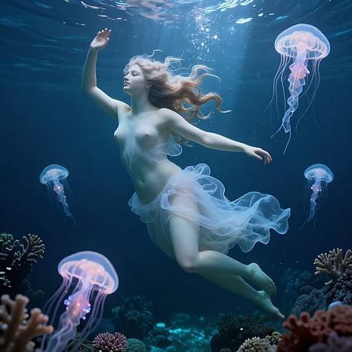 Photograph of a nude, fair-skinned woman with flowing auburn hair, surrounded by glowing jellyfish in a deep blue underwater scene, surrounded