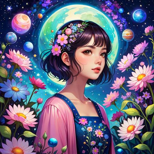 Fantasy Girl with Floral Crown and Cosmic Background