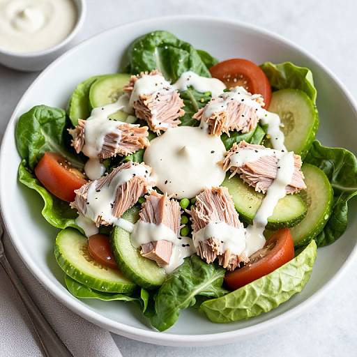 Photograph of a fresh salad in a white bowl: shredded chicken, creamy dressing, lettuce, cucumber slices, and cherry tomato halves.
