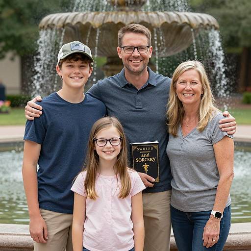 Smiling Family by Fountain with Book