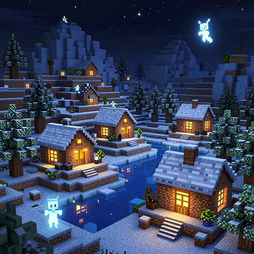 Pixel art of a snowy, starry night village with glowing wooden houses, a glowing blue figure by the water, and a glowing deer in the sky