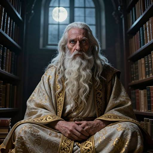 Photograph of an elderly wizard with long white beard, wearing ornate gold-embroidered robe, seated between bookshelves in dimly lit